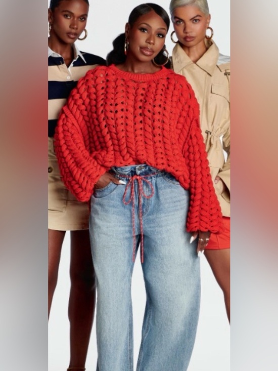 KBB Sweaters - Open-Knit Crewneck Sweater in Red